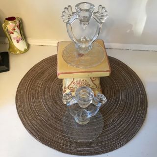 Vintage Art Deco/retro Clear Candle Holders With Etched Base