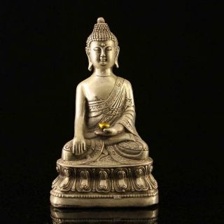 Chinese Old Copper Plating Silver Sakyamuni Buddha Gold Plating Bowl Statue C01c