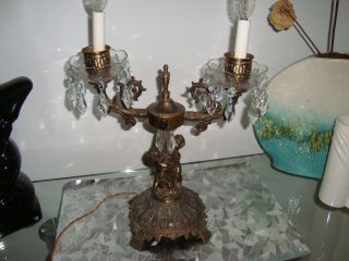 Antique 1930s - 1940s Hollywood Regency Candelabra Table Lamp - Crystals/cherubs