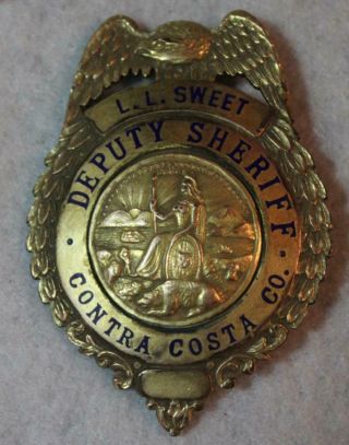 Deputy Sheriff Badge Vintage Contra Costa County Ca California 2 1/2 " X 2 "