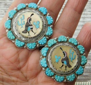 Vintage Old Pawn Zuni Lonjose Sterling Silver Turquoise Quail Bird Earrings