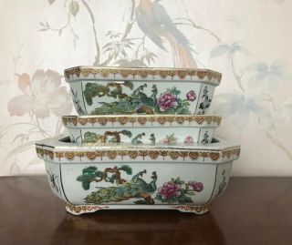 Oriental Chinese Vintage Peacock Ceramic Bonsai Planter Pot Set