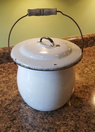 Vintage White Enamelware Chamber Pot - 11 1/2 " Tall