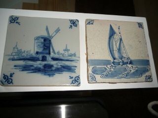 2 Vintage Delft Tiles Blue White Windmill & Boat Marked Signed Antique Dutch