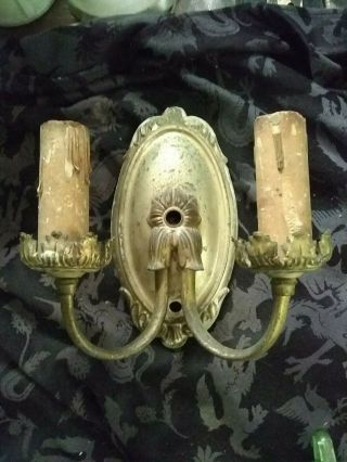 Antique Vtg Brass Wall Sconce Light Fixture Victorian Fancy Double 2 Arm Socket