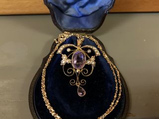 9ct Gold Edwardian Amethyst And Seed Pearl Pendant/brooch And Chain