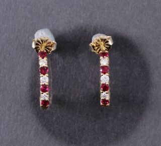 Elegant Estate 18k Yellow Gold Natural Ruby & Diamond Half Hoop Earrings.  70 Ctw