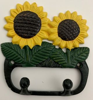 Vintage Cast Iron Hand Painted Sunflowers Double Wall Hook Rare