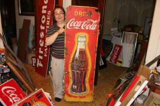 Large Vintage 1951 Coca Cola Bottle Soda Pop Bottle Gas Station 53 " Metal Sign
