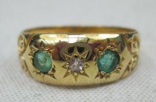 Antique Victorian 18ct Gold Emerald & Diamond Gypsy Ring Size O 1908 Chester
