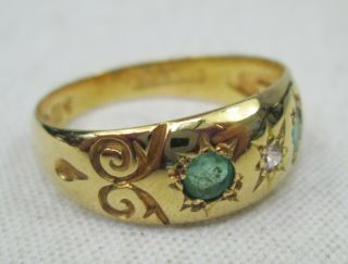 Antique Victorian 18ct Gold Emerald & Diamond Gypsy Ring Size O 1908 Chester 4