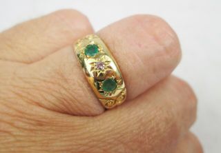 Antique Victorian 18ct Gold Emerald & Diamond Gypsy Ring Size O 1908 Chester 6
