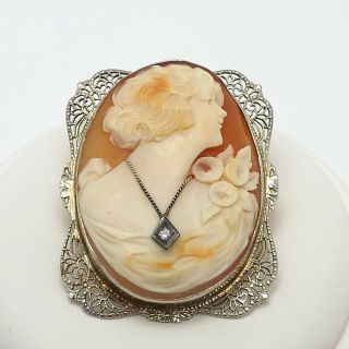 Art Deco 14k Gold Carved Shell Cameo Diamond Habille Necklace Brooch Pin Pendant