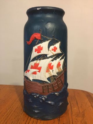 Vtg Antique Vase Urn Embossed Painted Goofus Glass Nautical Sailing Ship Seagull