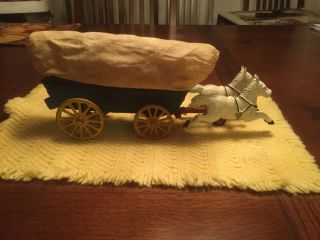 Vintage Cast Iron Chuck/conestoga Wagon Carriage With Two Horses And Wagon Cover