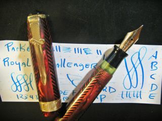 Vtg Parker Royal Challenger Fountain Pen Sword Clip 14k Gold Nib Red Herringbone
