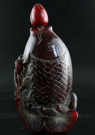Collect China Antique Hand Carve Fish & Lotus Unique Noble Ox Horn Snuff Bottle