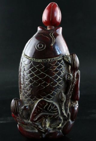 Collect China Antique Hand Carve Fish & Lotus Unique Noble Ox Horn Snuff Bottle 2