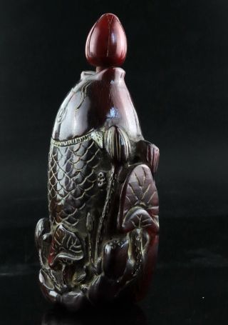 Collect China Antique Hand Carve Fish & Lotus Unique Noble Ox Horn Snuff Bottle 3