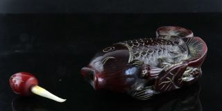 Collect China Antique Hand Carve Fish & Lotus Unique Noble Ox Horn Snuff Bottle 4
