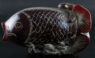 Collect China Antique Hand Carve Fish & Lotus Unique Noble Ox Horn Snuff Bottle 5