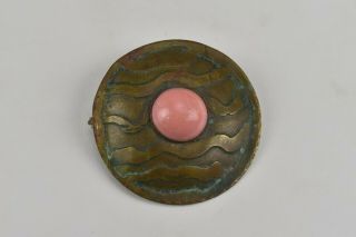 Forest Craft Guild Pink Stone Pin Brooch Brass Round Arts & Crafts Bronze