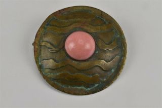 Forest Craft Guild Pink Stone Pin Brooch Brass Round Arts & Crafts Bronze 2