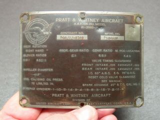 Ww2 Pratt & Whitney R - 2000 Twin Wasp Aircraft Engine Data Plate