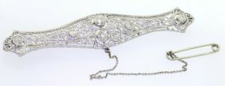Art Deco antique Platinum 1.  20CT VS diamond filigree bar brooch w/ safety chain 2