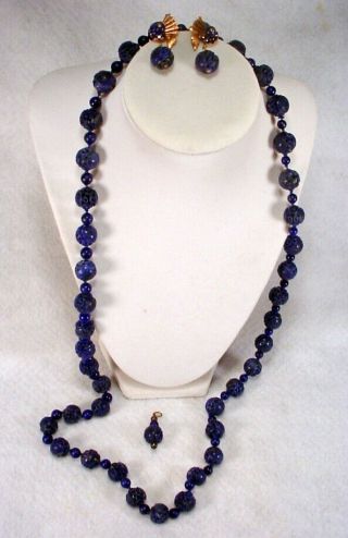 Vintage Ladies Lapis Lazuli Carved Bead Necklace & Earrings Gold Filled