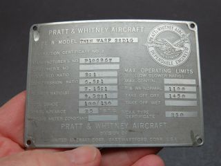 Pratt & Whitney R - 1830 Twin Wasp Aircraft Engine Data Plate