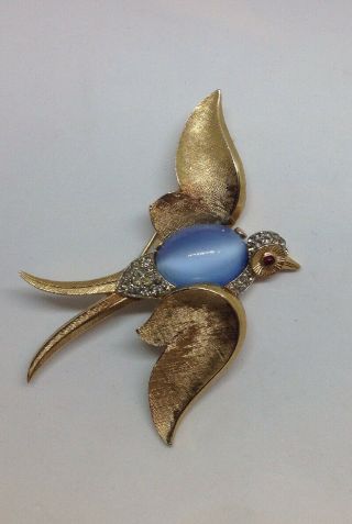 Vintage Crown Trifari Large Swallow Blue Moonstone Jelly Belly Pin