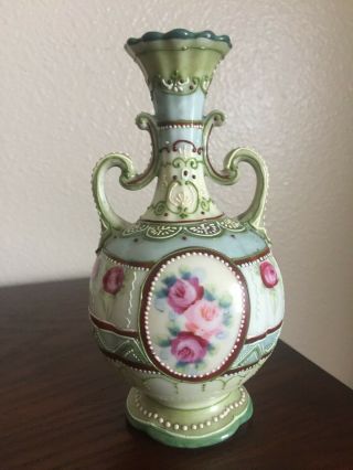 Antique Japanese / Nippon Moriage Handled Floral Vase,  Rare