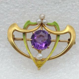 Vintage Art Nouveau 14k Gold Amethyst Pearl Brooch Pin Pendant Iridescent Enamel