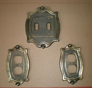 Vintage Metal Hardware 2 Outlet Cover Plates And 1 Double Light Switch Plate