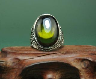 China Old Antique Hand - Made Tibetan Silver Inlay Cloisonn&green Zircon Ring A01