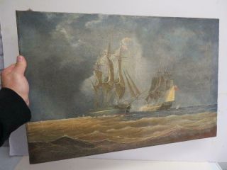 Really Old Painting Galleon Ship Oil On Canvas Signed