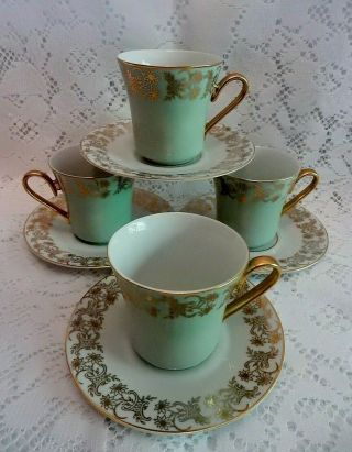 4 Sage Green & Gold 3 " Demitasse Coffee Tea Cups & Saucers Jsk Czechoslovakia