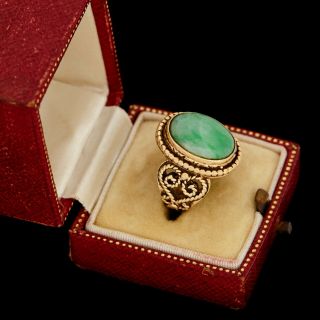Antique Vintage Deco Style 18k Gold Imperial Apple Jadeite Jade Band Ring Sz 4