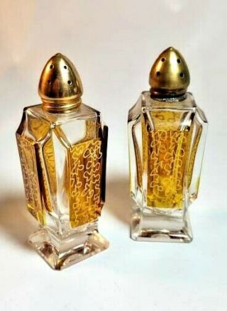 Pair Vintage Moser Crystal Salt & Pepper Shakers Gold Decoration