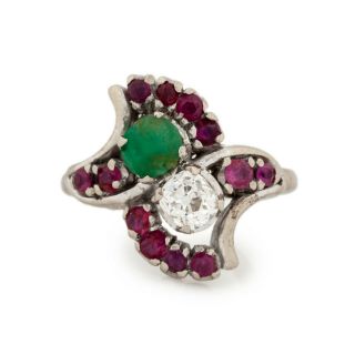 Antique Vintage Art Deco 14k White Gold Diamond Emerald Ruby Wedding Ring Sz 4.  5 2
