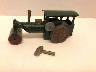 1935 Minic Tri - Ang 33m Steam Roller Tin Windup Toy With Wood Wheels & Key