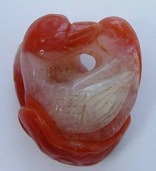 Chinese Antique Small Stone Pendant,  Carved Two Ducks On Red Agate,  Heart - Shaped