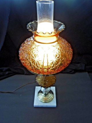 Antique Vtg Ornate Amber Glass Table Lamp Brass Marble Base Hurricane Electric