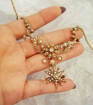 1920s Antique Art Nouveau 14k Gold Seed Pearl Diamond Starburst Pendant Necklace