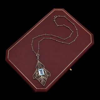 Antique Vintage Art Nouveau Sterling Silver Dutch Aquamarine Filigree Necklace