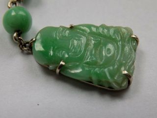 Vintage Chinese Hand Carved Green Jade Buddha Pendant White Metal Setting