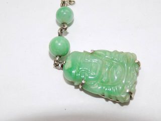 VINTAGE CHINESE HAND CARVED GREEN JADE BUDDHA PENDANT WHITE METAL SETTING 2