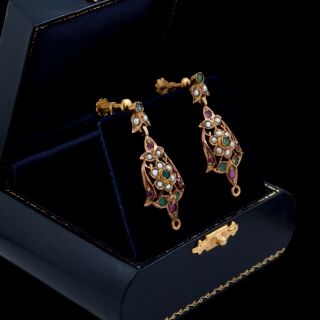 Antique Vintage Nouveau 14k Gold Mughal Emerald Ruby Seed Pearl Dangle Earrings