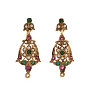 Antique Vintage Nouveau 14k Gold Mughal Emerald Ruby Seed Pearl Dangle Earrings 2